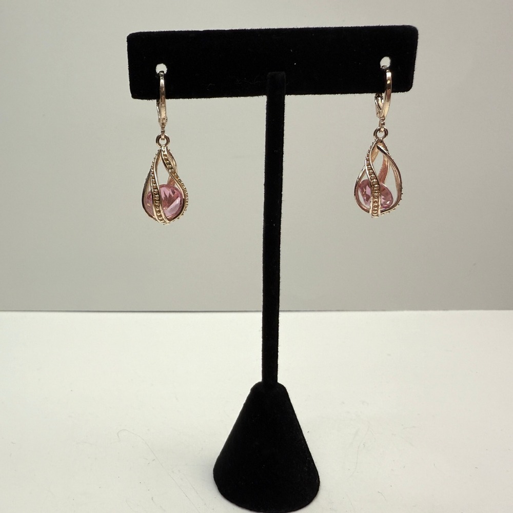 Teardrop Rose Gold Dangle Earrings Pink Rhinestone Fashion Jewelry 1 1/4 in L